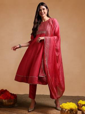 women rose poly silk solid embroidered anarkali kurta trouser with dupatta 1