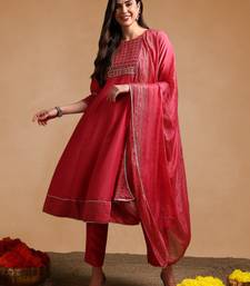women rose poly silk solid embroidered anarkali kurta trouser with dupatta