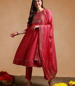 women rose poly silk solid embroidered anarkali kurta trouser with dupatta