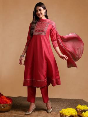 women rose poly silk solid embroidered anarkali kurta trouser with dupatta 3