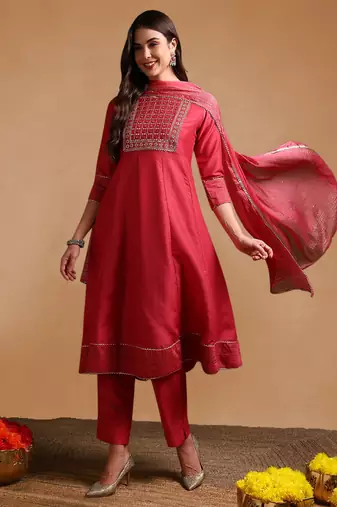 women rose poly silk solid embroidered anarkali kurta trouser with dupatta