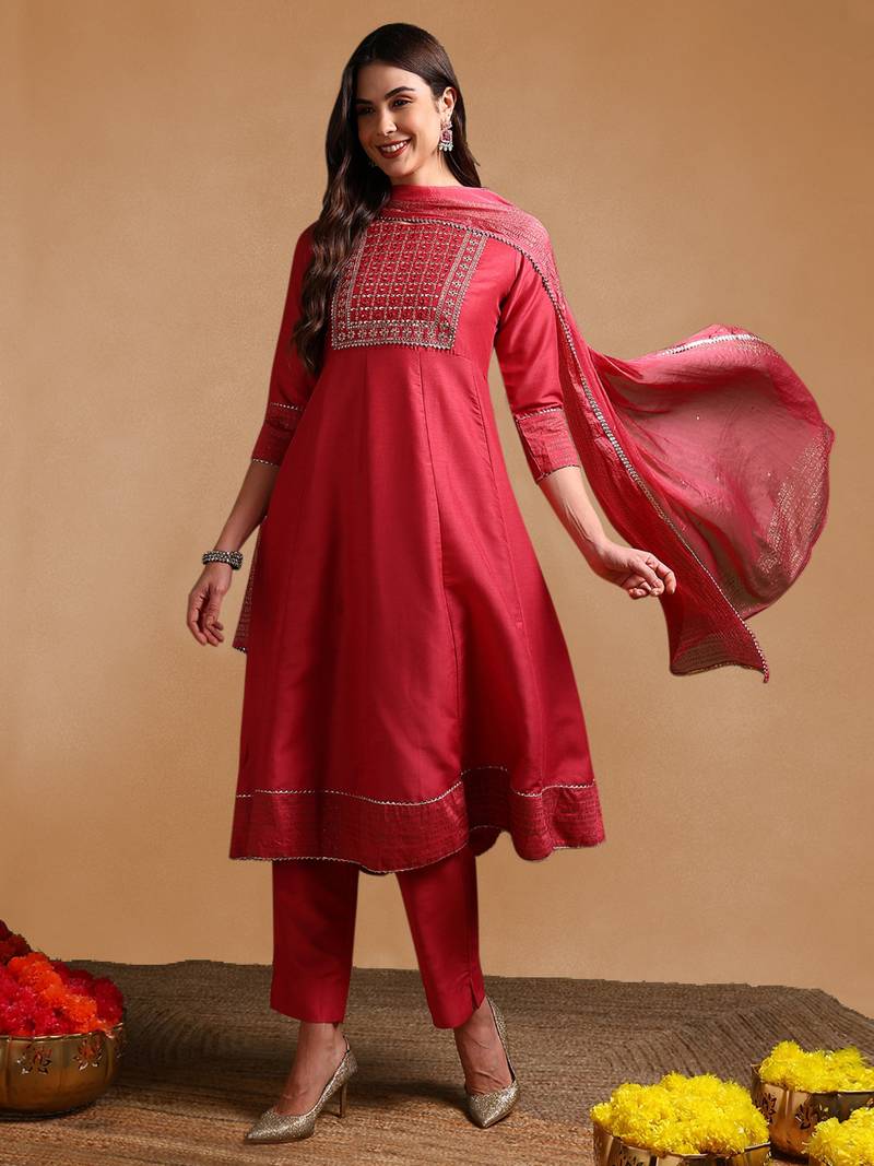 women rose poly silk solid embroidered anarkali kurta trouser with dupatta