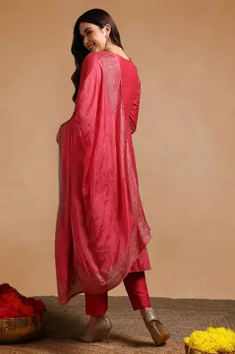 women rose poly silk solid embroidered anarkali kurta trouser with dupatta