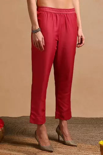 women rose poly silk solid embroidered anarkali kurta trouser with dupatta