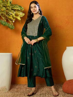 women green silk blend woven design embroidered anarkali kurta trouser with dupatta 1