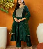 women green silk blend woven design embroidered anarkali kurta trouser with dupatta