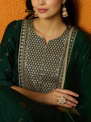 women green silk blend woven design embroidered anarkali kurta trouser with dupatta 2