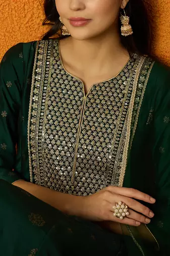 women green silk blend woven design embroidered anarkali kurta trouser with dupatta