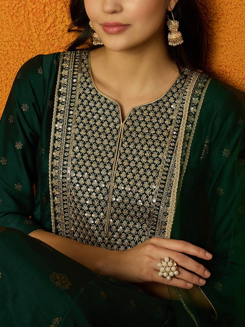 women green silk blend woven design embroidered anarkali kurta trouser with dupatta