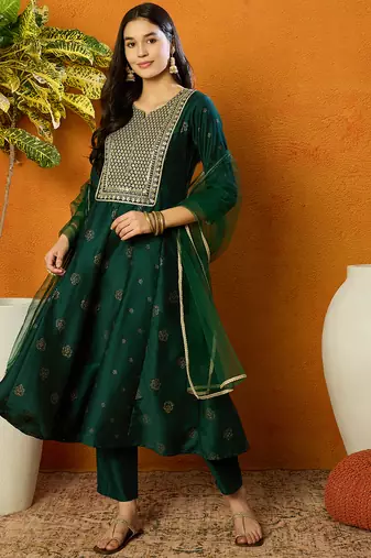 women green silk blend woven design embroidered anarkali kurta trouser with dupatta