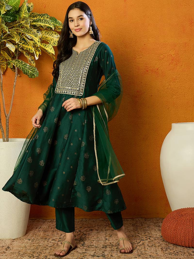 women green silk blend woven design embroidered anarkali kurta trouser with dupatta