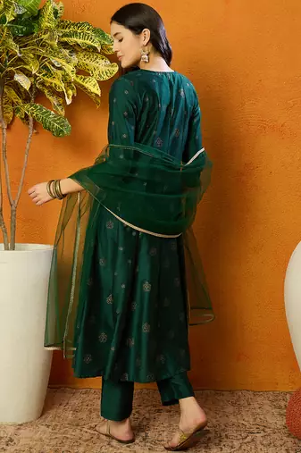 women green silk blend woven design embroidered anarkali kurta trouser with dupatta