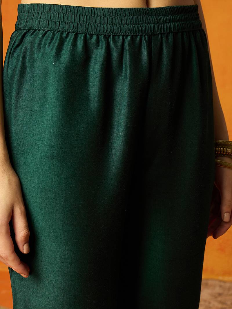 women green silk blend woven design embroidered anarkali kurta trouser with dupatta