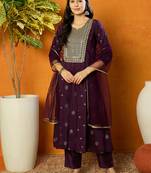 women purple silk blend woven design embroidered anarkali kurta trouser with dupatta