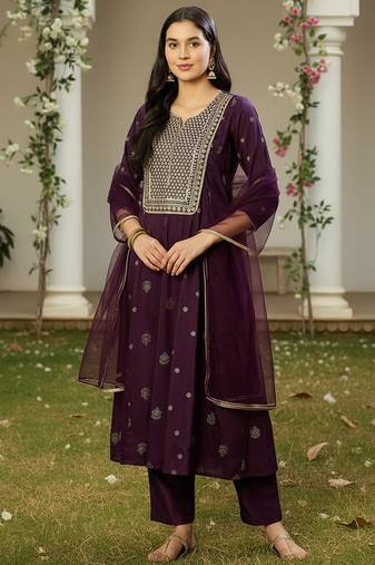 women purple silk blend woven design embroidered anarkali kurta trouser with dupatta