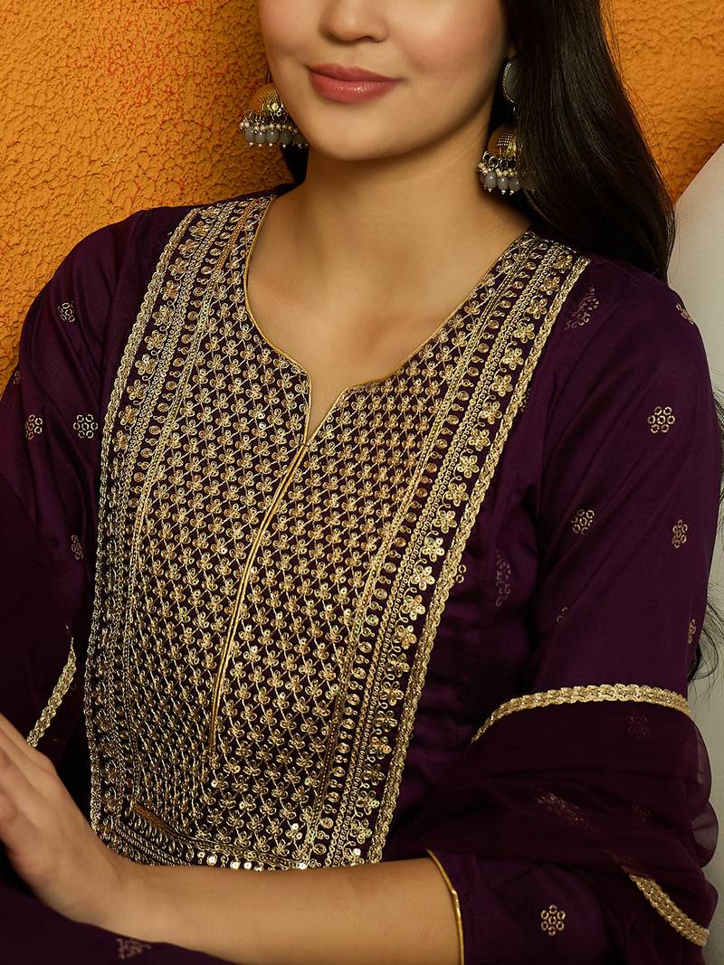 women purple silk blend woven design embroidered anarkali kurta trouser with dupatta