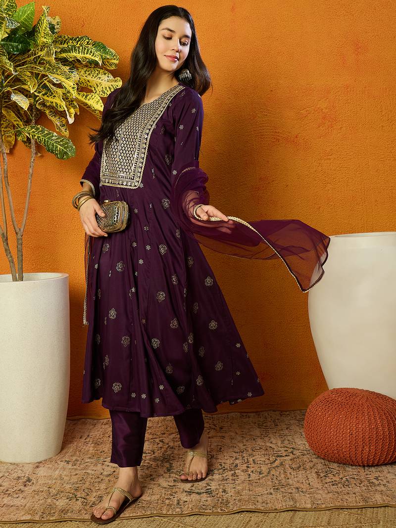 women purple silk blend woven design embroidered anarkali kurta trouser with dupatta
