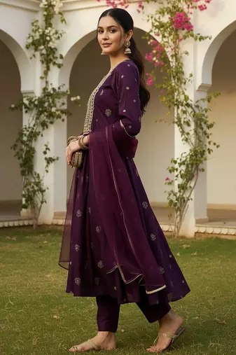 women purple silk blend woven design embroidered anarkali kurta trouser with dupatta