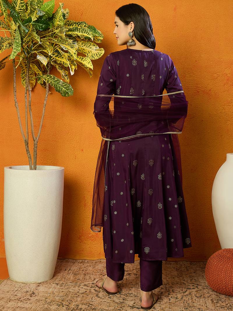 women purple silk blend woven design embroidered anarkali kurta trouser with dupatta