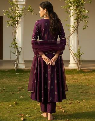 women purple silk blend woven design embroidered anarkali kurta trouser with dupatta 4