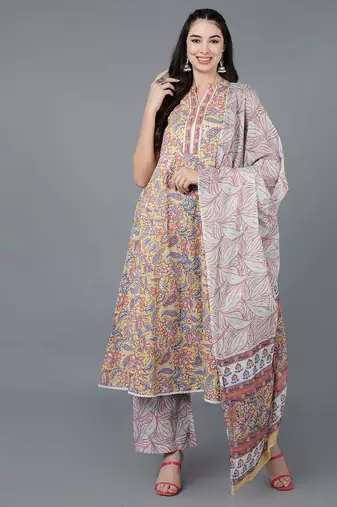 Women yellow printed pure cotton  stiched flared kurta palazzo suit set