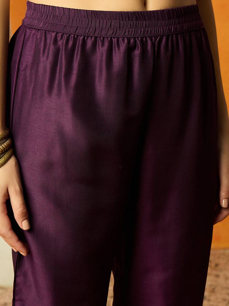 women purple silk blend woven design embroidered anarkali kurta trouser with dupatta