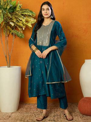 women teal silk blend woven design embroidered anarkali kurta trouser with dupatta 1
