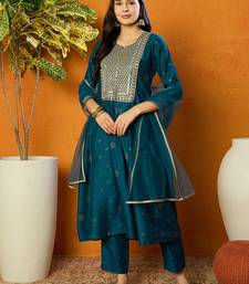 women teal silk blend woven design embroidered anarkali kurta trouser with dupatta