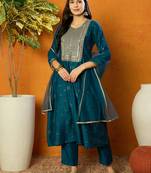 women teal silk blend woven design embroidered anarkali kurta trouser with dupatta