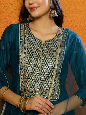 women teal silk blend woven design embroidered anarkali kurta trouser with dupatta 2