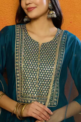 women teal silk blend woven design embroidered anarkali kurta trouser with dupatta