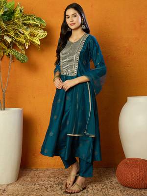 women teal silk blend woven design embroidered anarkali kurta trouser with dupatta 3