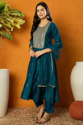 women teal silk blend woven design embroidered anarkali kurta trouser with dupatta