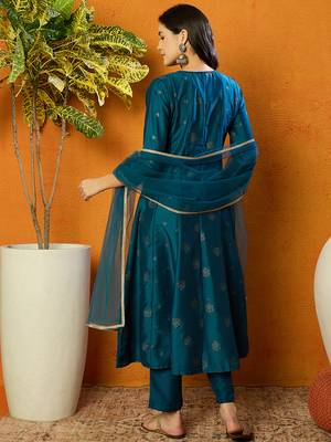 women teal silk blend woven design embroidered anarkali kurta trouser with dupatta 4