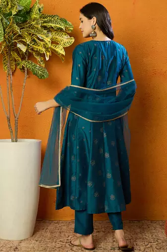 women teal silk blend woven design embroidered anarkali kurta trouser with dupatta