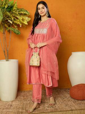 women peach silk blend solid embroidered straight kurta trouser with dupatta 1