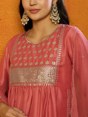 women peach silk blend solid embroidered straight kurta trouser with dupatta 2