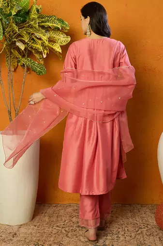 women peach silk blend solid embroidered straight kurta trouser with dupatta