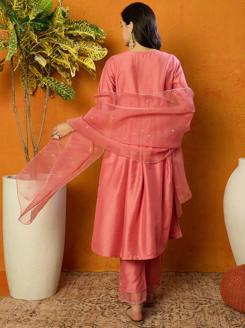 women peach silk blend solid embroidered straight kurta trouser with dupatta