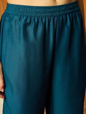 women teal silk blend woven design embroidered anarkali kurta trouser with dupatta 5