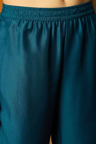 women teal silk blend woven design embroidered anarkali kurta trouser with dupatta