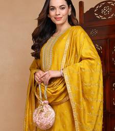 women mustard silk blend solid embroidered straight kurta palazzo with dupatta