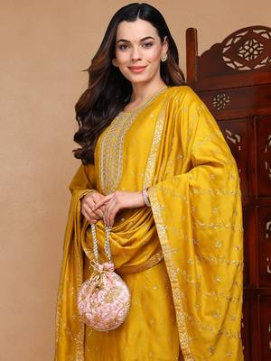 women mustard silk blend solid embroidered straight kurta palazzo with dupatta 2