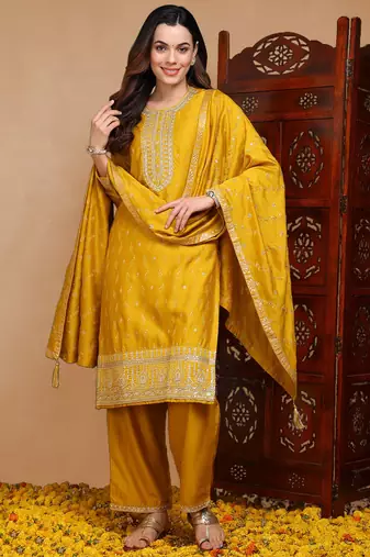 women mustard silk blend solid embroidered straight kurta palazzo with dupatta