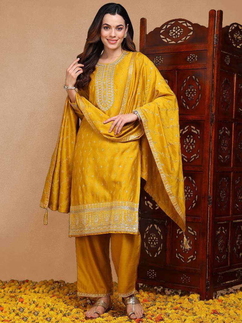 women mustard silk blend solid embroidered straight kurta palazzo with dupatta