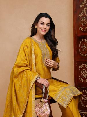 women mustard silk blend solid embroidered straight kurta palazzo with dupatta 1