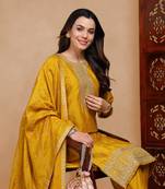 women mustard silk blend solid embroidered straight kurta palazzo with dupatta