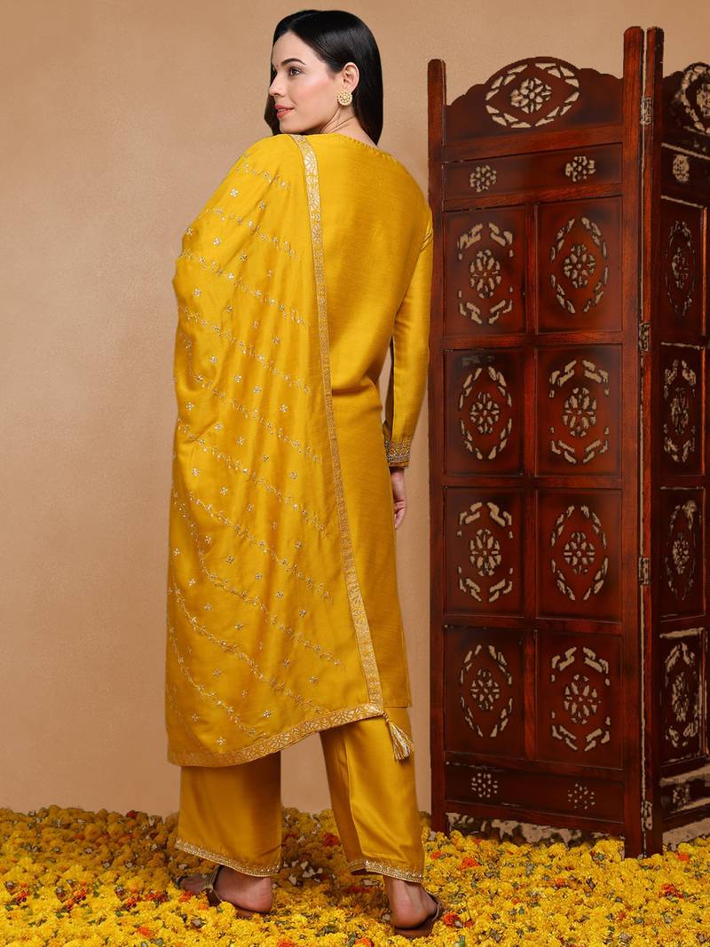 women mustard silk blend solid embroidered straight kurta palazzo with dupatta
