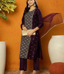 women purple silk blend ethnic motifs embroidered straight kurta trouser with dupatta