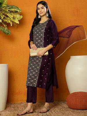 women purple silk blend ethnic motifs embroidered straight kurta trouser with dupatta 2
